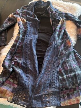 Long Stunning Radzoli Patchwork Duster, Plaid Knit Open-Front Coatigan